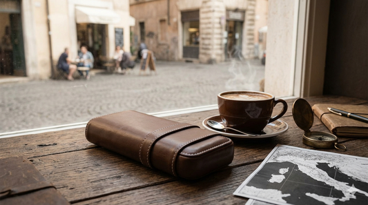 Luxury cigar travel case and coffee on a wooden table, professional cigar preservation guide