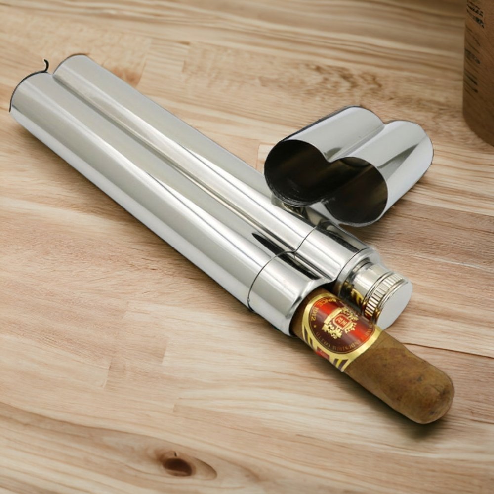 Stainless Steel Double Cigar Tube | Portable Cigar Case Flagon